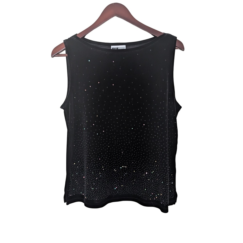 I.N. Studio Petite Top L Black Velvet Sequin Sleeveless Boat Neck Made in USA